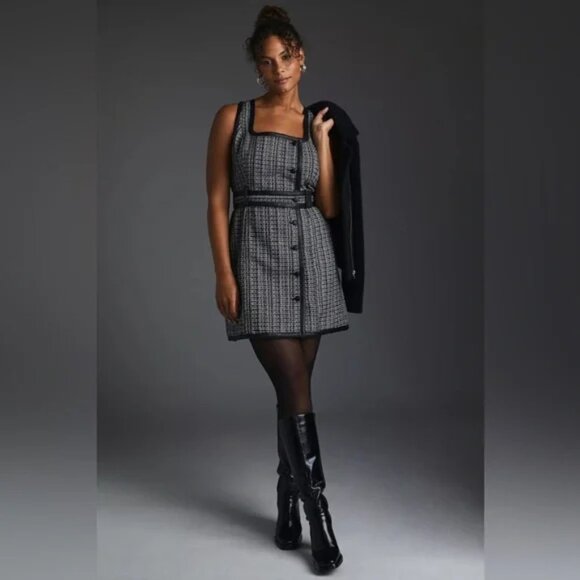 ANTHROPOLOGIE MAEVE Retro TWEED Button front Black White MINI DRESS - Fall! 8/10 - Picture 7 of 13